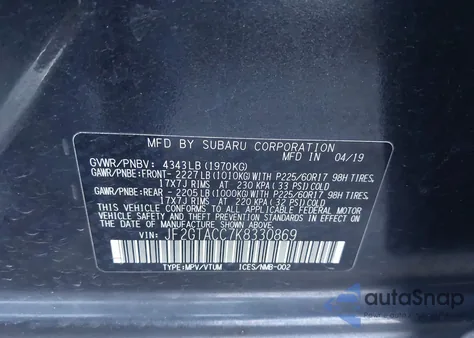 2019 Subaru Crosstrek 2.0I Premium from USA, damaged, VIN JF2GTACC7K8330869